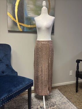 Free People Rose Gold Sequin Maxi Skirt with Side Slit